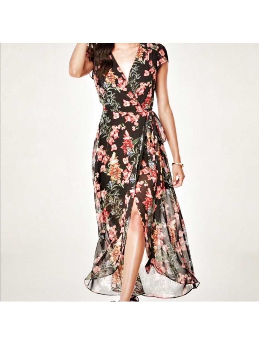Bebe Plunging V-Neck Print Wrap Dress Cottagecore Feminine Party Event Boho